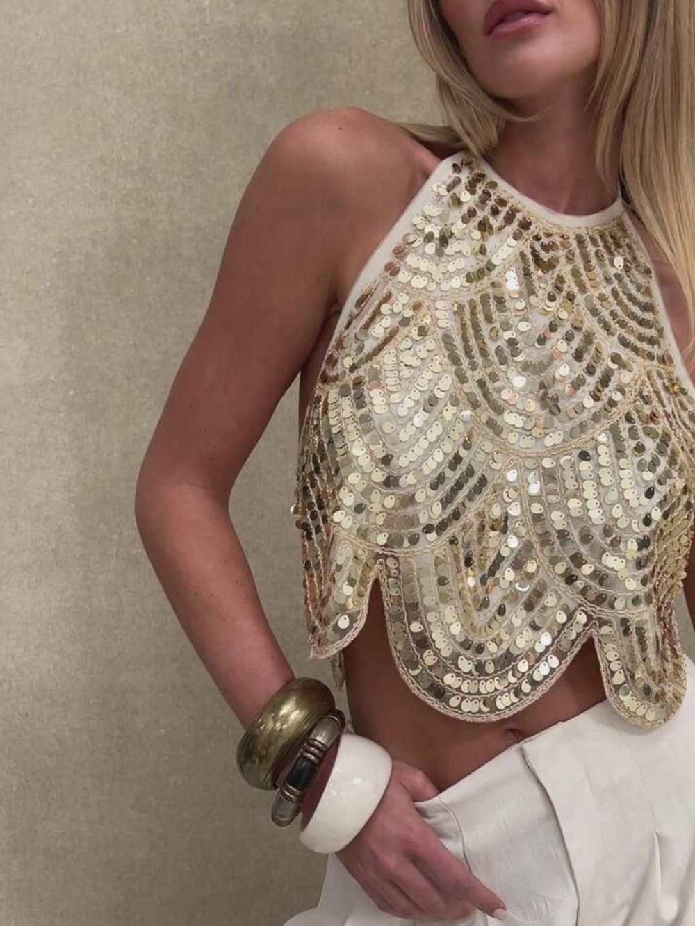 Gold Sequin Halter Crop Top - Women's Party Top - Picture 2 of 8